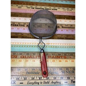 Vintage Kitchen Medium Size Red Wooden Handle Strainer Rustic Farm Decor Cottage